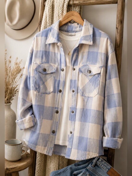 HFX Jackets & Blazers - HFX Blue & Cream Buffalo Plaid Shacket Jacket Women's Medium Cozy Button Front